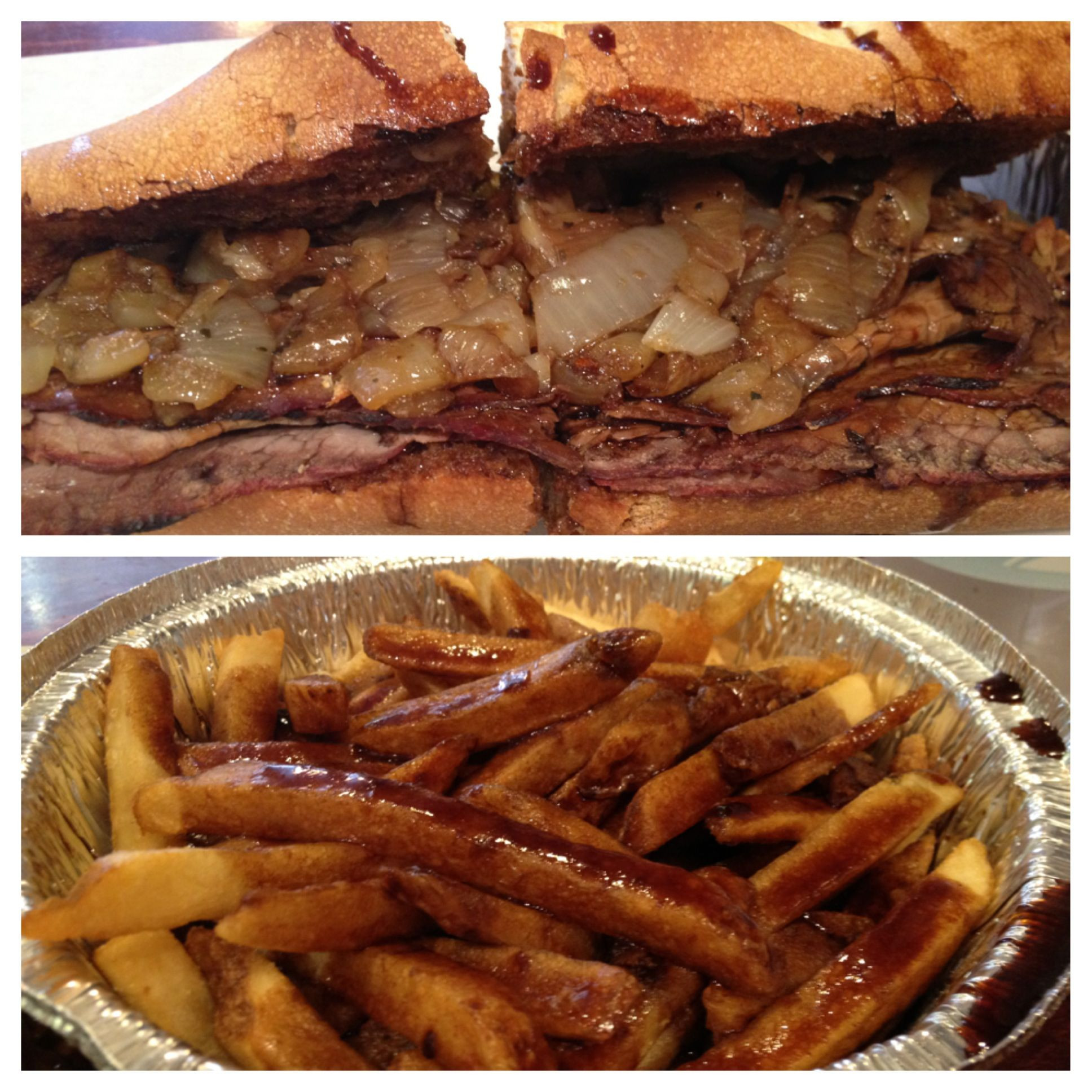 Hot Roast Beef Sandwiches With Gravy   Hot roast beef sandwich with onions and fries both topped