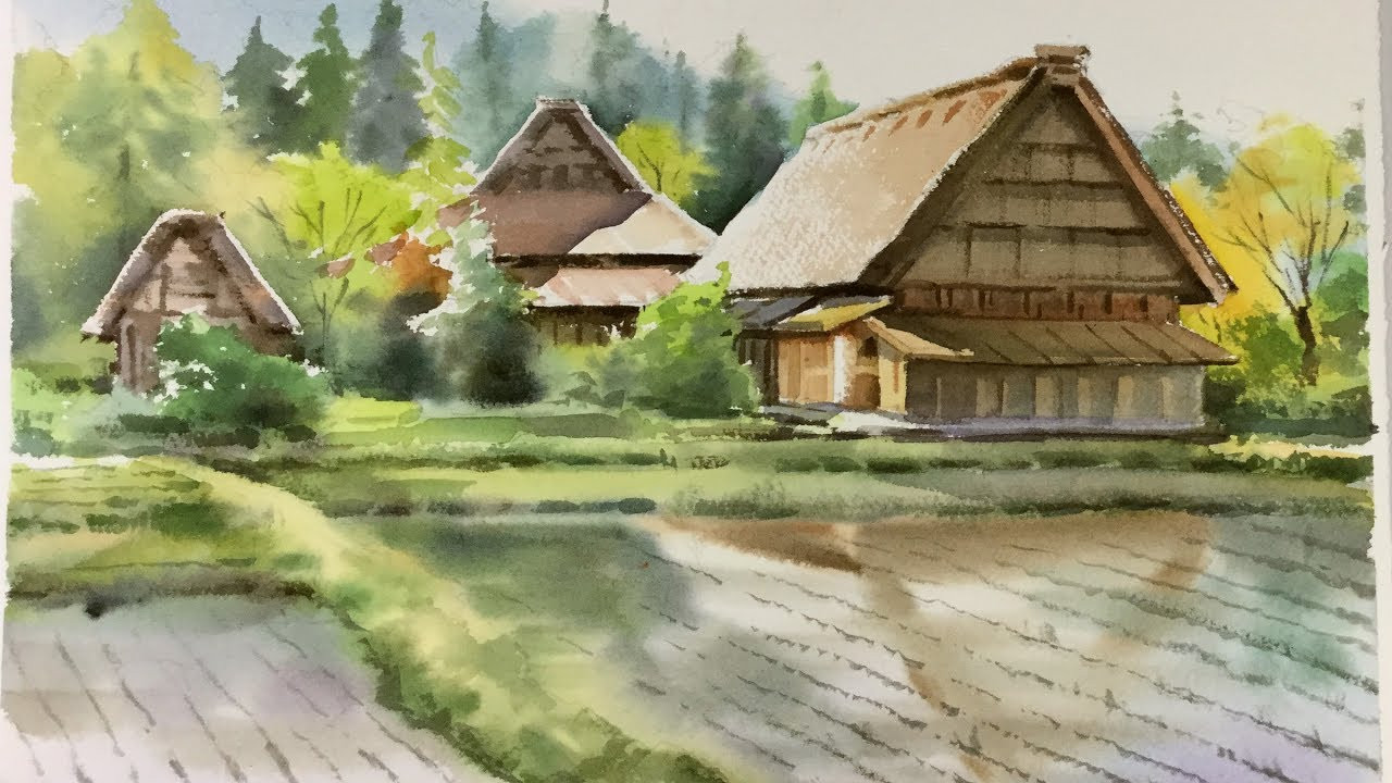 Japanese Landscape Painting
 Watercolor Landscape painting Cottages at Shirakawa