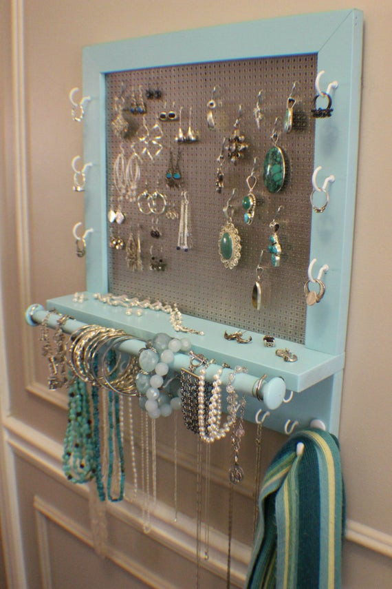 Jewelry Wall Organizer DIY
 Beautiful Turquoise Wall Mounted Jewelry Organizer with a