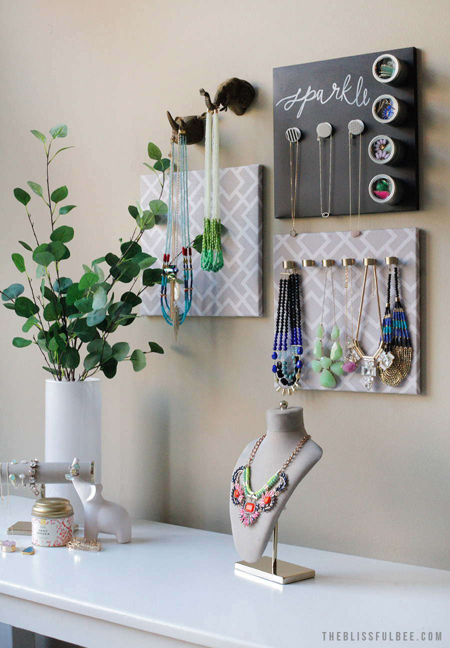 Jewelry Wall Organizer DIY
 DIY Hanging Jewelry Organizer – THE BLISSFUL BEE