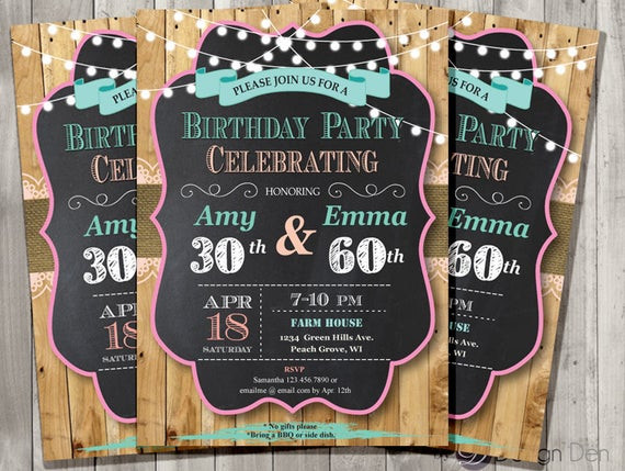 Joint Birthday Party Invitations
 Adult Joint Birthday Invitation Chalkboard Country Chic