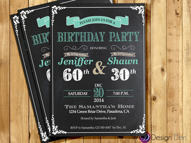 Joint Birthday Party Invitations
 Adult Joint Birthday Invitation Chalkboard White and Teal