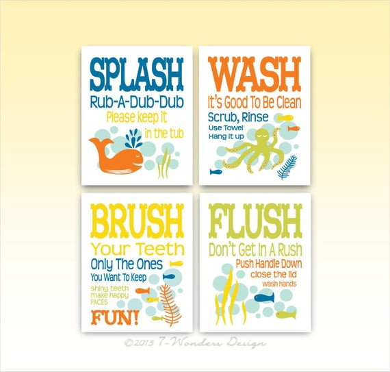 Kids Bathroom Sign
 Items similar to Childrens Kids Bathroom Art Prints Set of