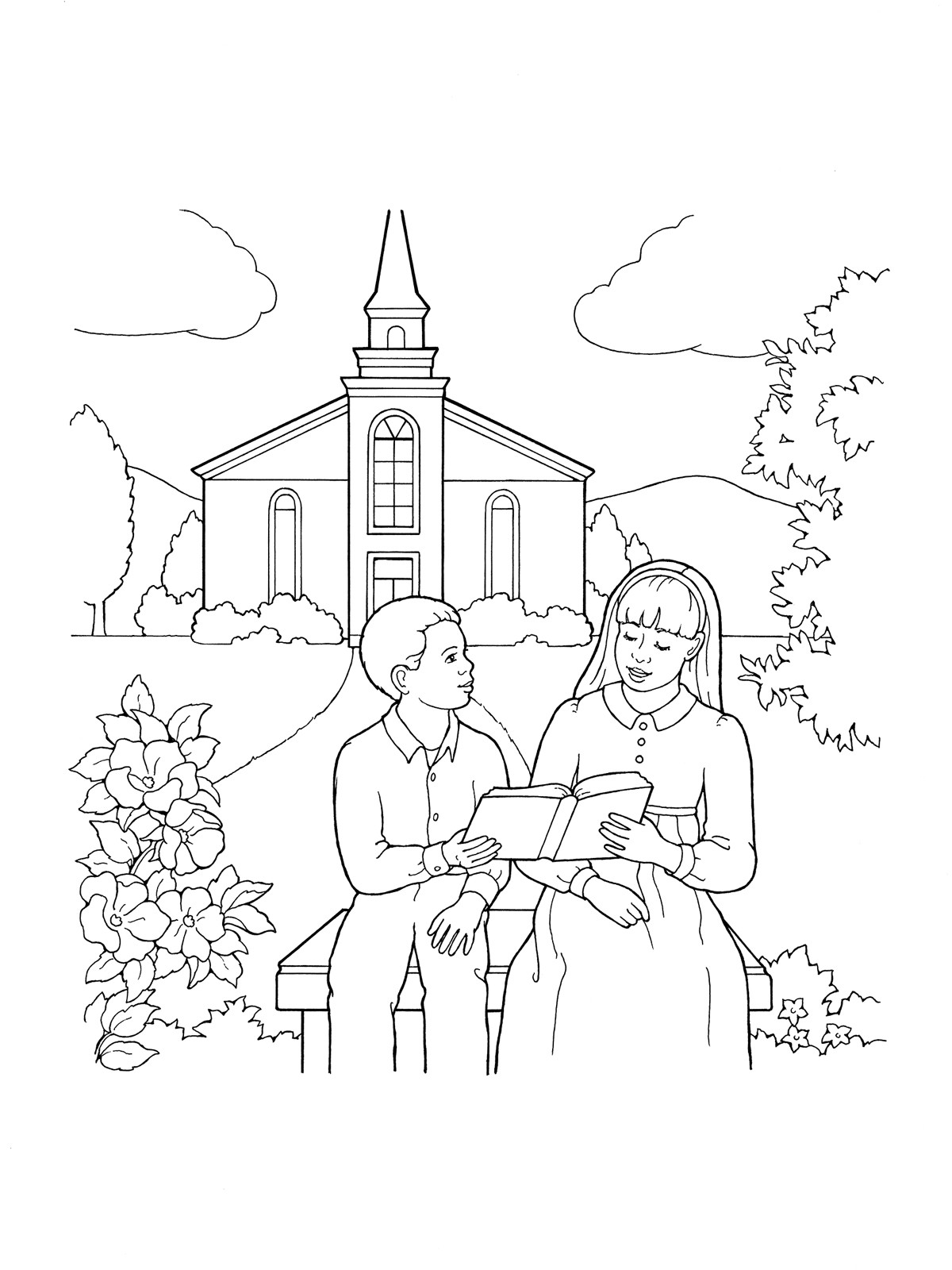 Kids Church Coloring Pages
 Children Reading by Church