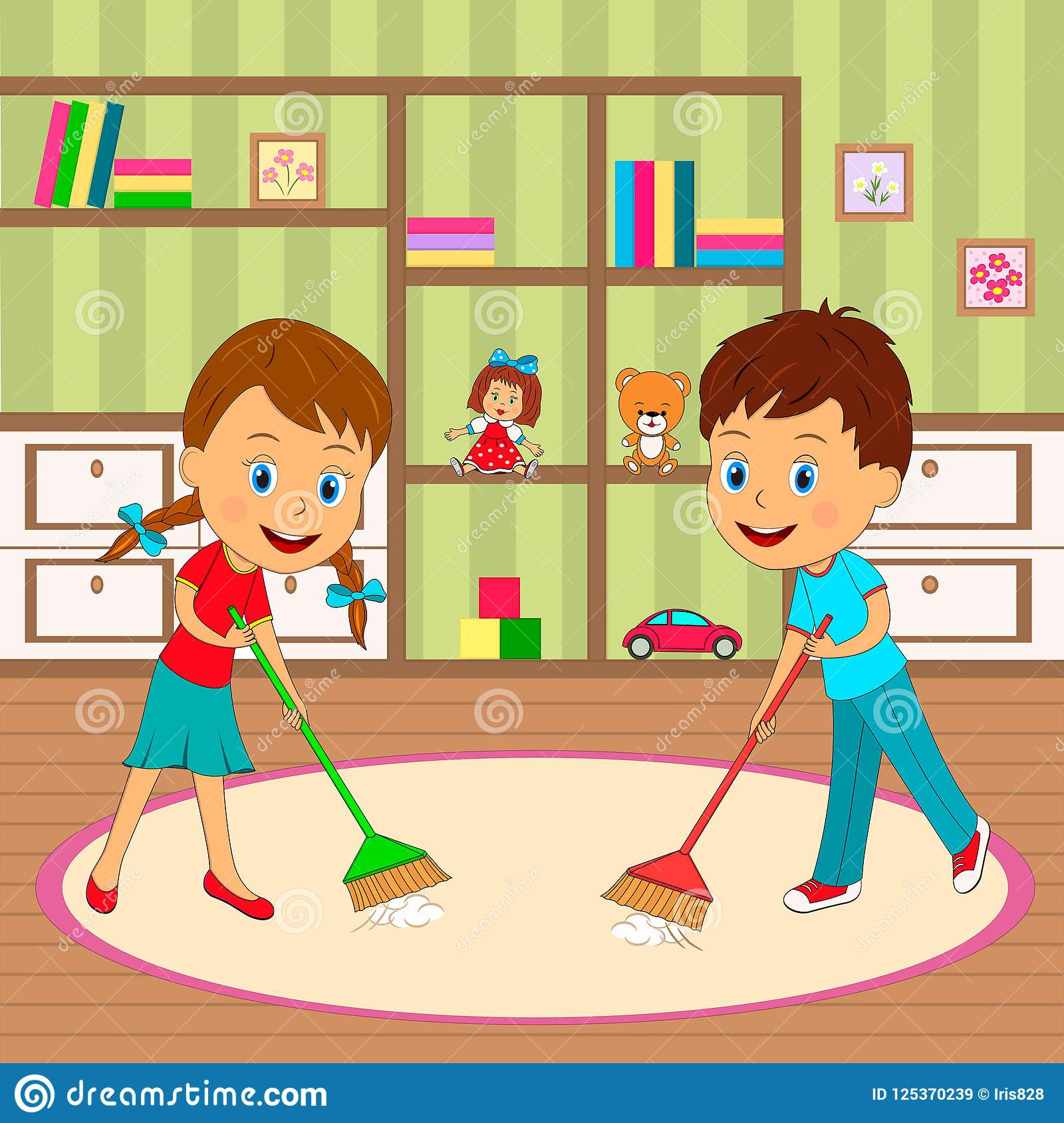 Kids Clean Room Clipart
 Boy And Girl Are Cleaning Room Stock Vector Illustration