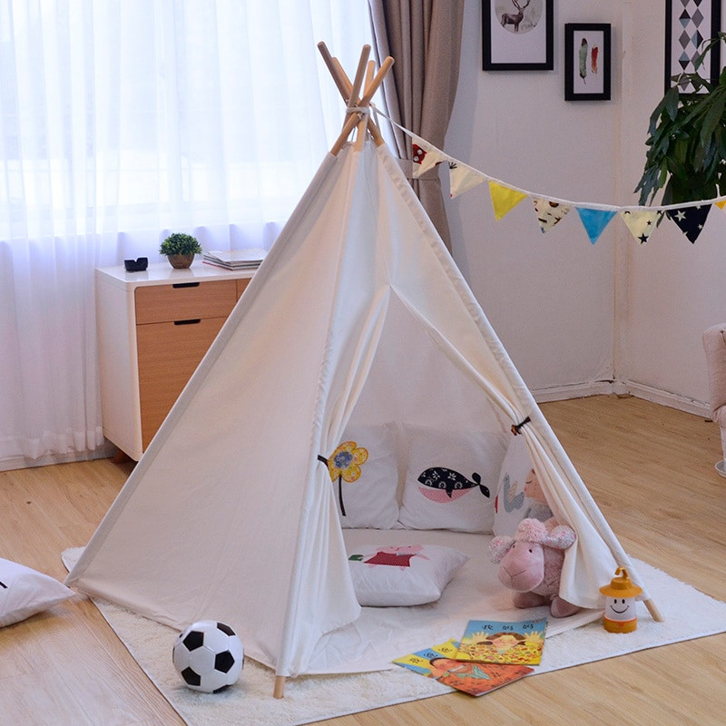 Kids Indoor Play Tent
 Ins Solid White Canvas Portable Indian Play Tent Children
