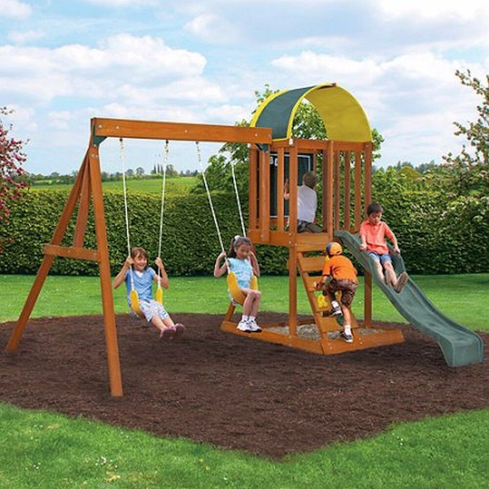 Kids Outdoor Swing Set
 Wooden Outdoor Swing Set Playground Swingset Playset Kids
