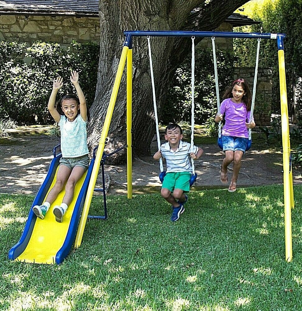 Kids Play Swing
 Swing Set Playground Metal Outdoor Play Slide Kids