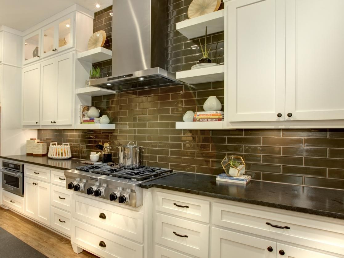 Kitchen Backsplash For Dark Cabinets
 White kitchen cabinets with dark subway tile backsplash