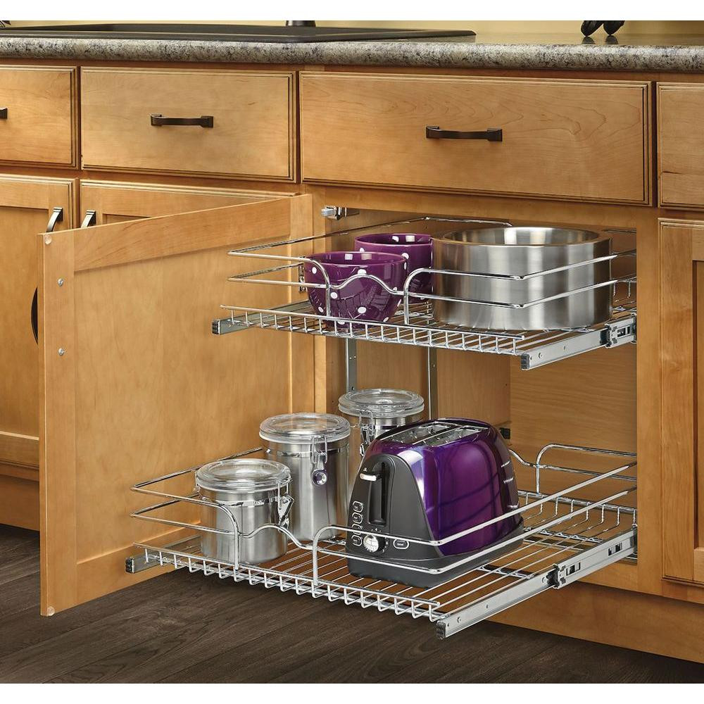 Kitchen Cabinet Shelf Organizer
 2 Tier Wire Basket Cabinet Pull Out Chrome Shelves Shelf