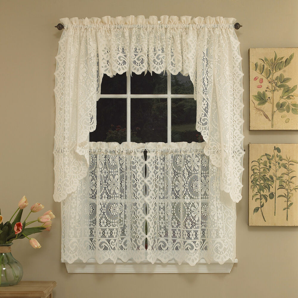 Kitchen Curtains Swag
 Hopewell Heavy Cream Lace Kitchen Curtain Choice of Tier