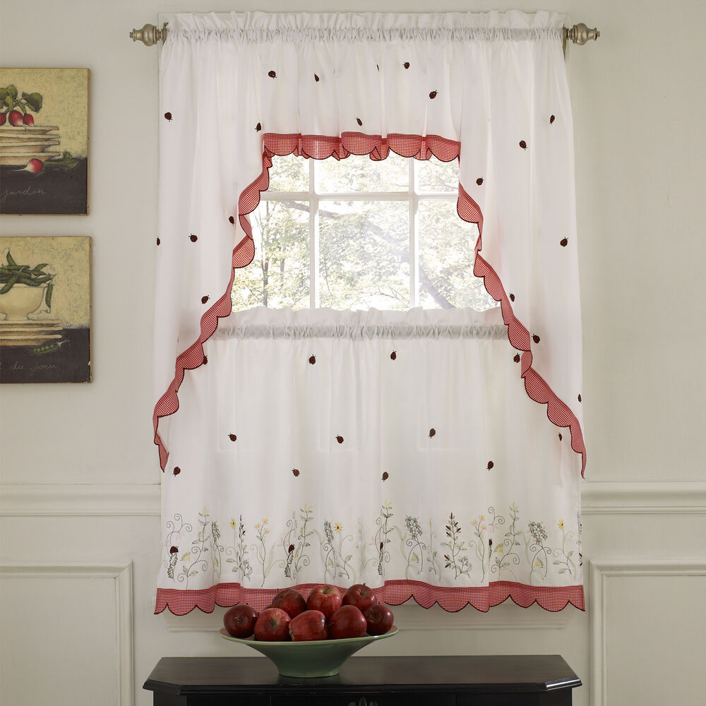 Kitchen Curtains Swag
 Embroidered Ladybug Meadow Kitchen Curtains Choice of