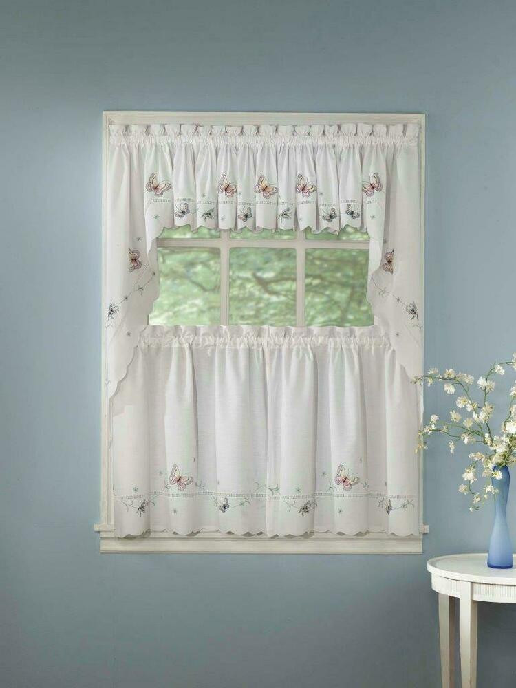 Kitchen Curtains Swag
 Monarch Embroidered Butterfly White Kitchen Curtains