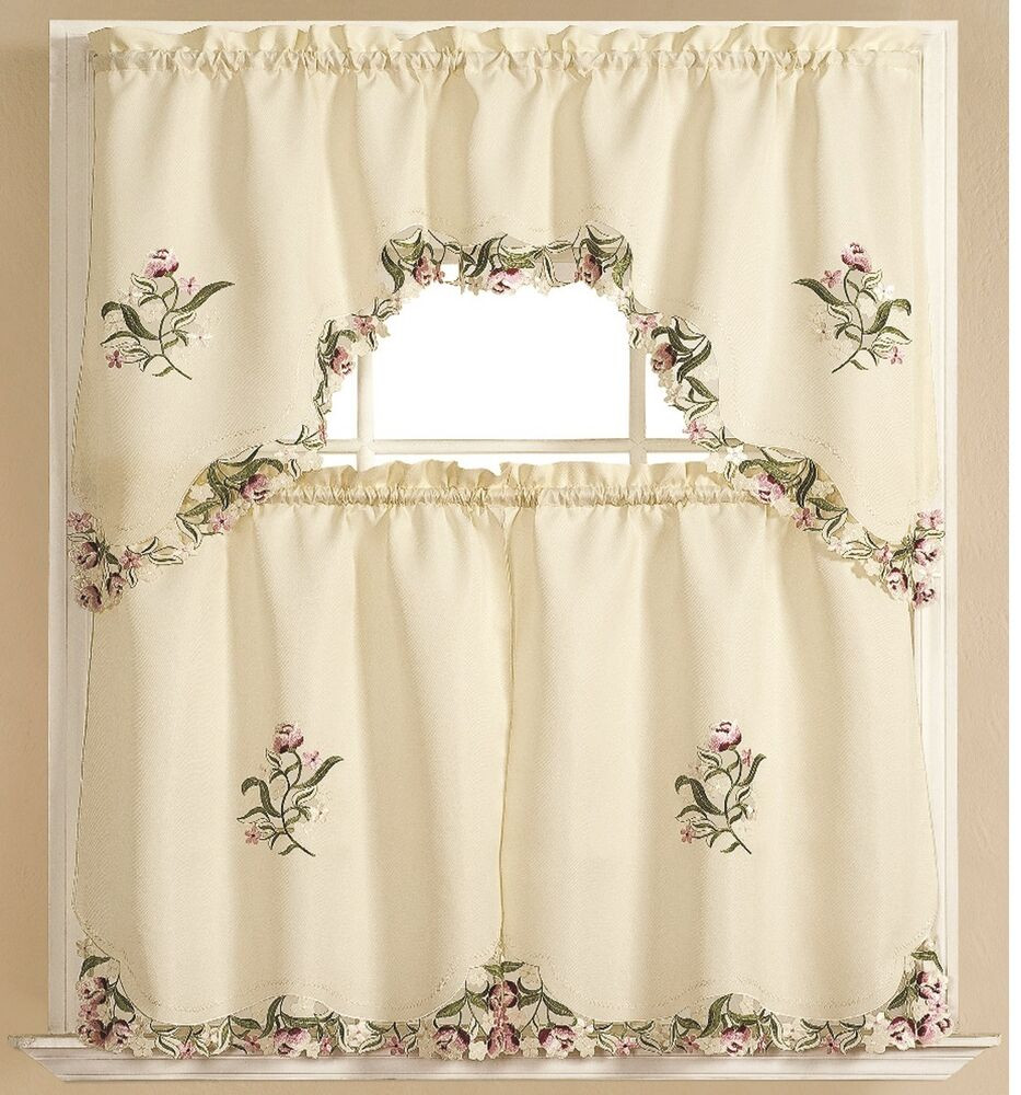 Kitchen Tier Curtains
 Kitchen Curtain embroidered 3 pc Applique Set e Swag
