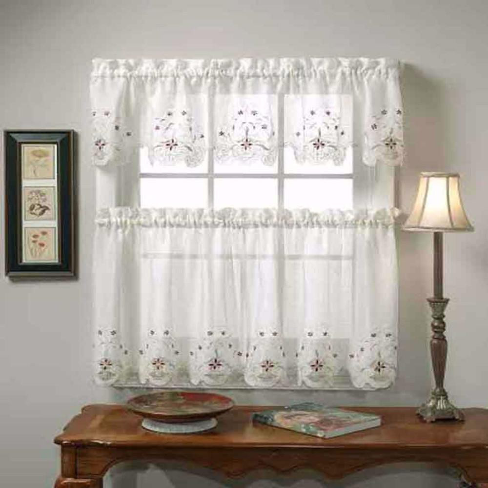 Kitchen Tier Curtains
 Sunshine Semi Sheer Embroidery Kitchen Valance and Tier