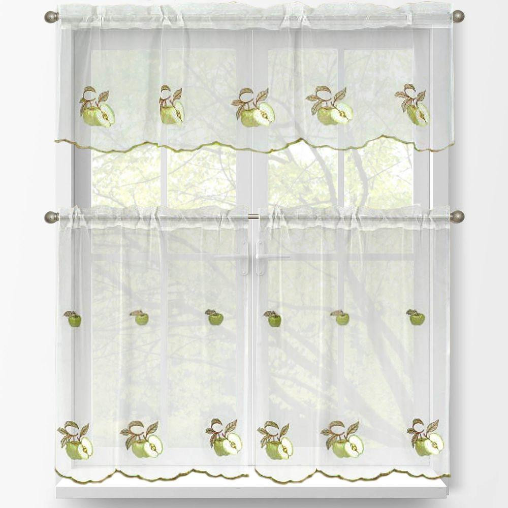 Kitchen Tier Curtains
 Window Elements Sheer Green Apple Embroidered 3 Piece