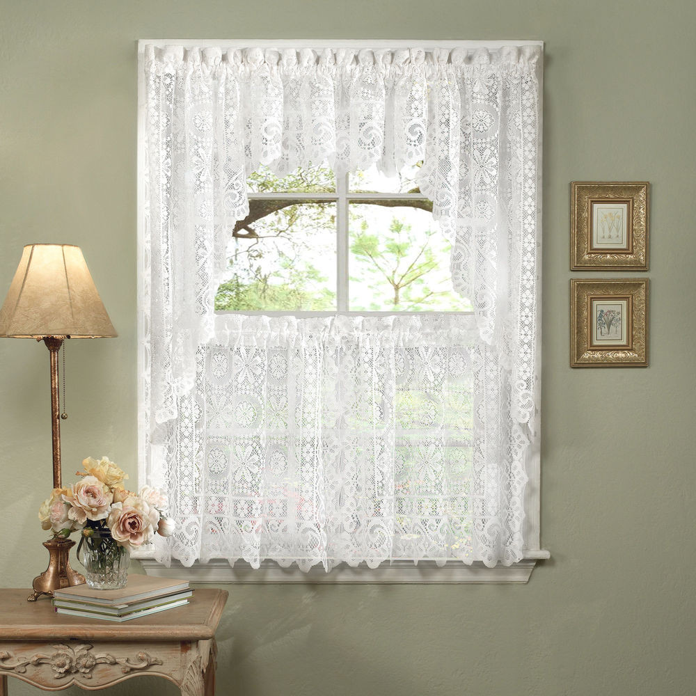 Kitchen Tier Curtains
 Hopewell Heavy White Lace Kitchen Curtain Choice of Tier