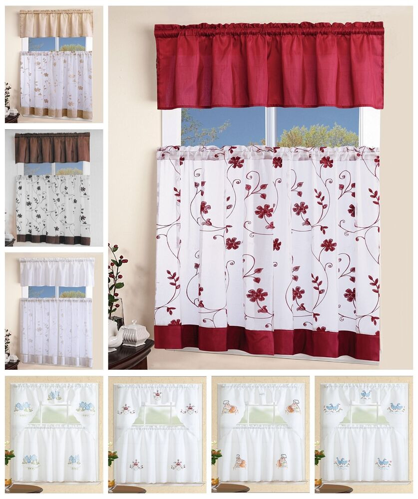 Kitchen Tier Curtains
 3 Piece White Embroidered Kitchen Curtain with Swag and