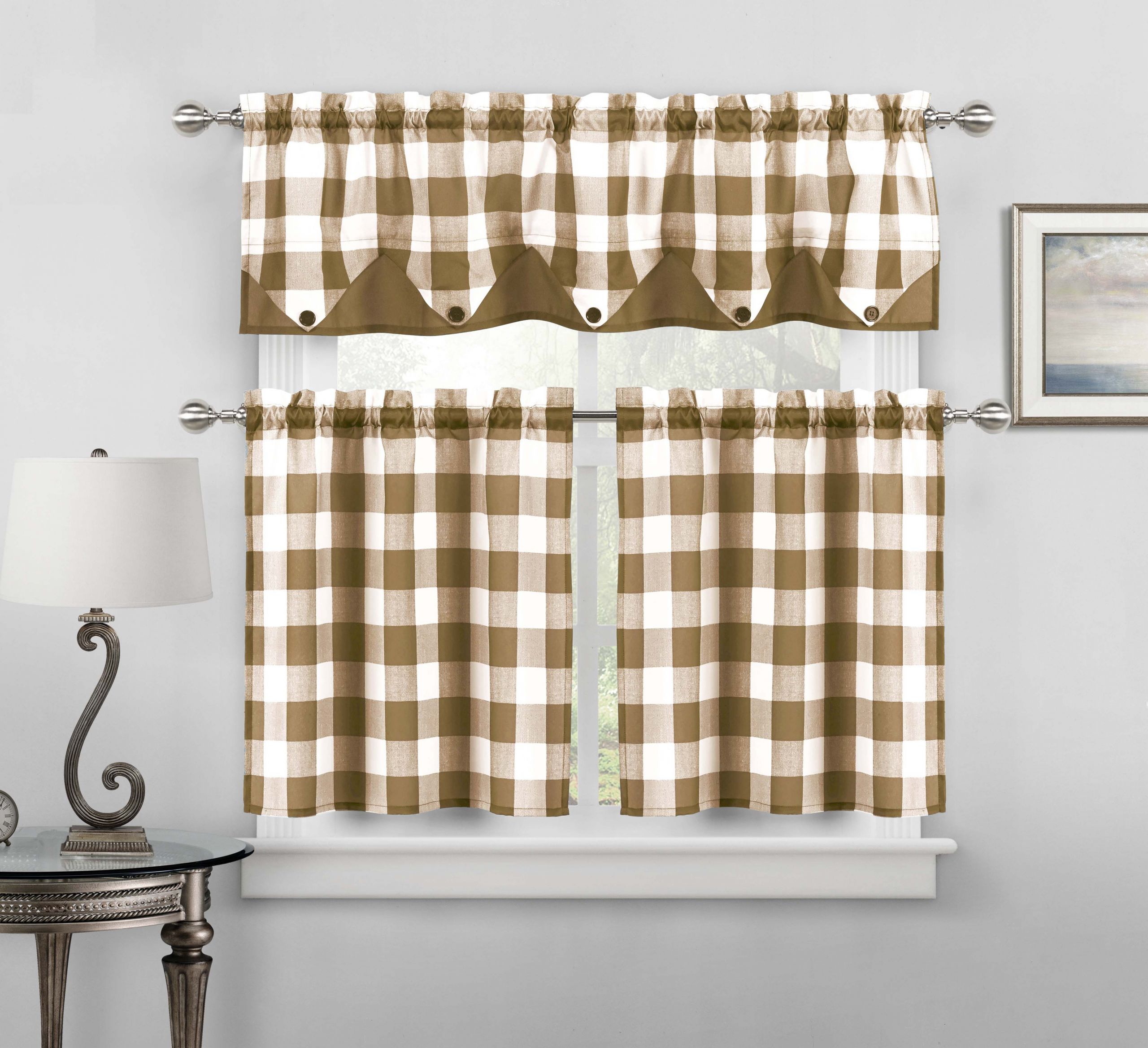 Kitchen Tier Curtains
 Sheer Small Taupe and White Three Piece Kitchen Cafe Tier