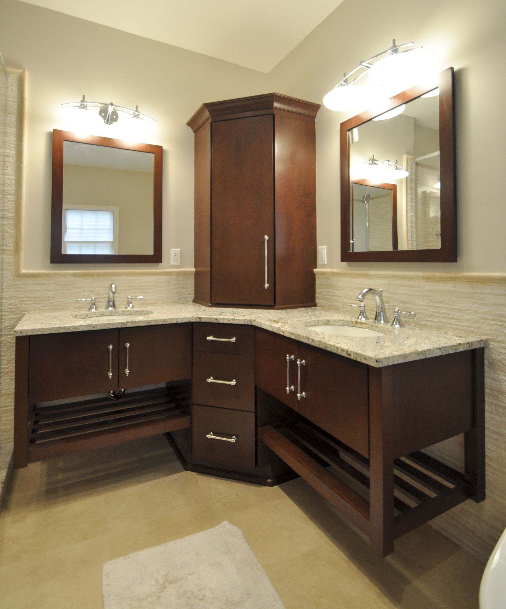L Shaped Bathroom Vanity
 Corner wall hung vanity with corner tower and matching