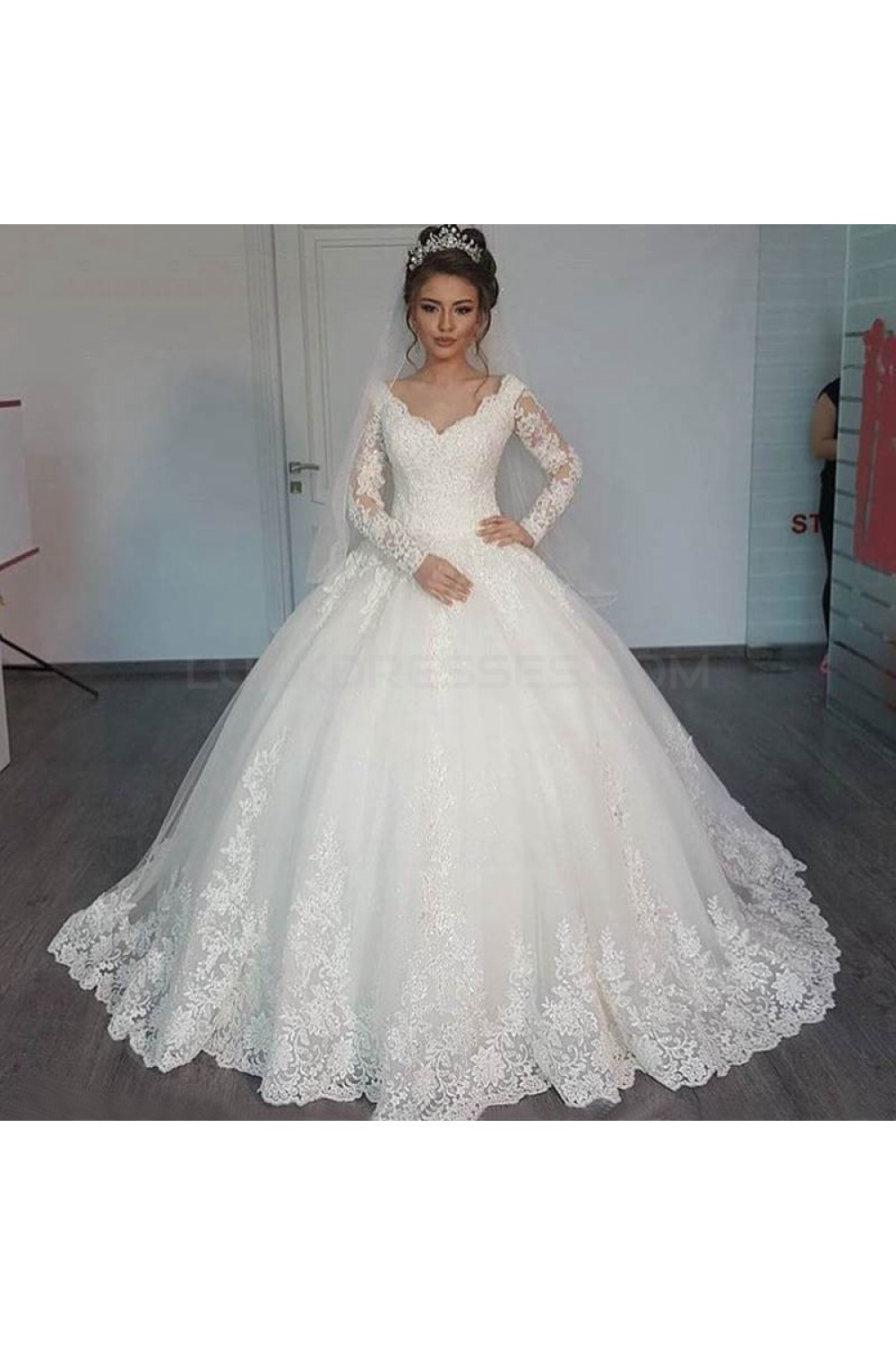 Lace Ball Gown Wedding Dresses
 Bridal Ball Gown V Neck Lace Long Sleeves Wedding Dresses