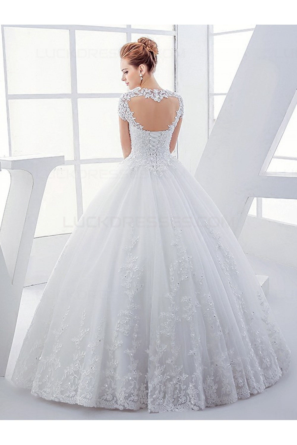 Lace Ball Gown Wedding Dresses
 Lace Ball Gown Keyhole Back Sparkly Wedding Dresses Bridal