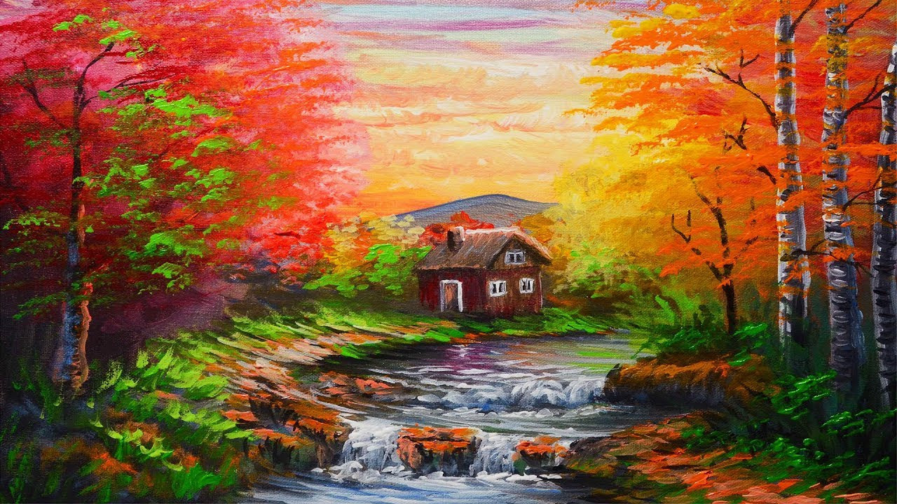 Landscape Paintings On Canvas
 Riverside House with autumn forest during sunset step by