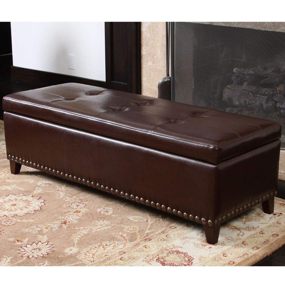 Leather Storage Bench
 Elegant Brown Leather Storage Ottoman Bench w Tufted Top