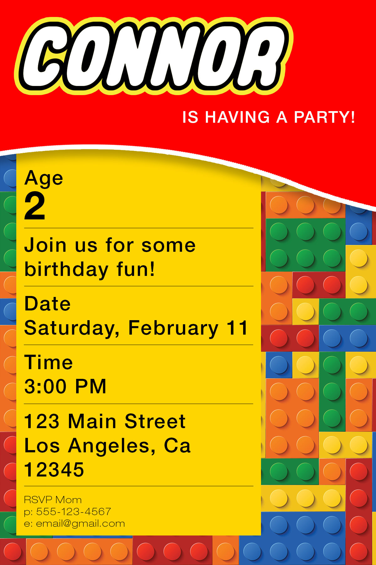 Lego Birthday Party Invitations
 Custom Lego Themed Birthday Invite 4x6