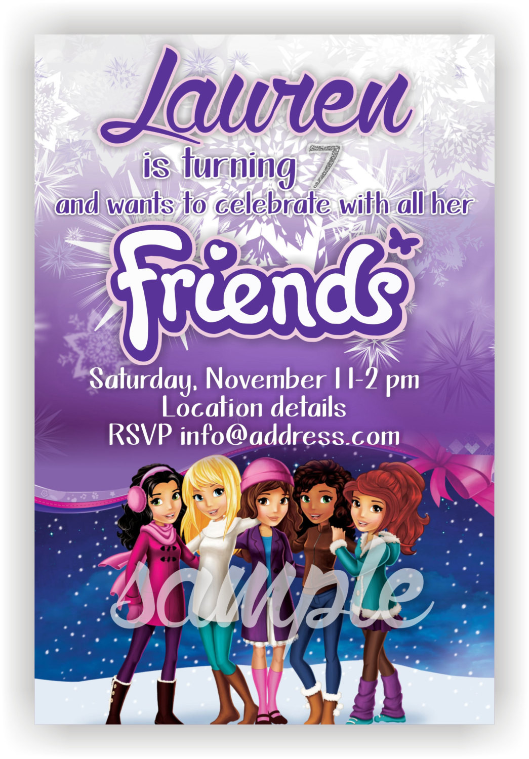 Lego Friends Birthday Invitations
 Snowflakes Friends Lego Birthday invitation by BenAnnaInvites