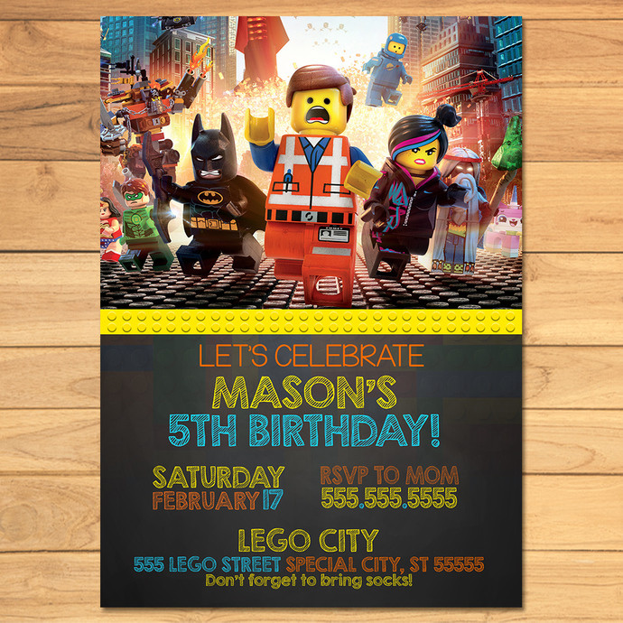 Lego Movie Birthday Invitations
 Lego Birthday Invitation Chalkboard Yellow by MonksTavern