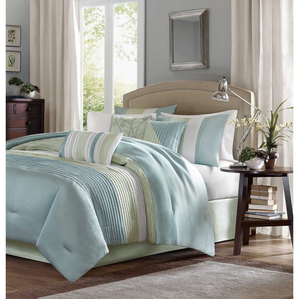 Light Colored Bedroom Sets
 BEAUTIFUL ELEGANT LIGHT BLUE GREEN IVORY WHITE STRIPE