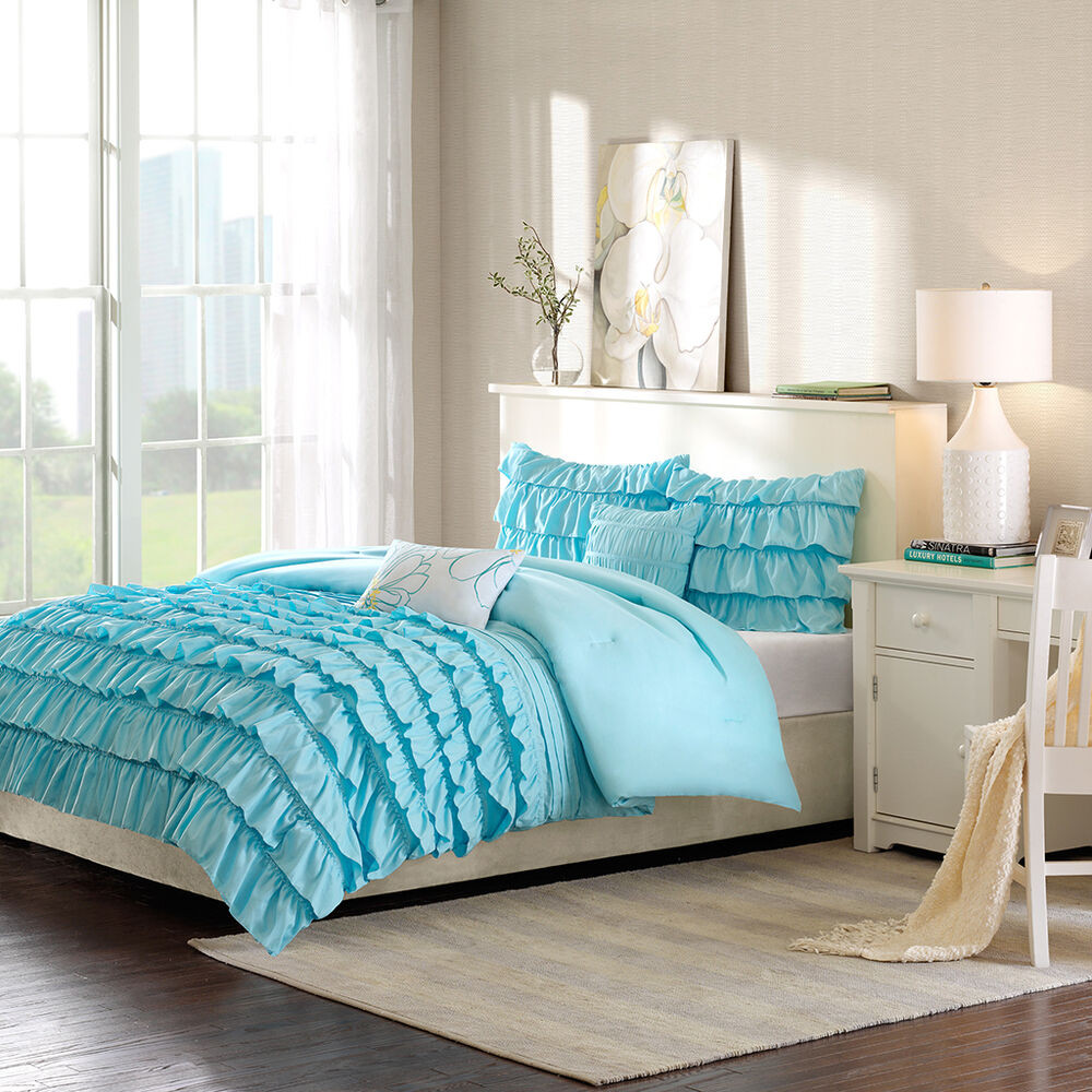 Light Colored Bedroom Sets
 BEAUTIFUL MODERN BLUE LIGHT AQUA WHITE TEXTURED RUFFLED