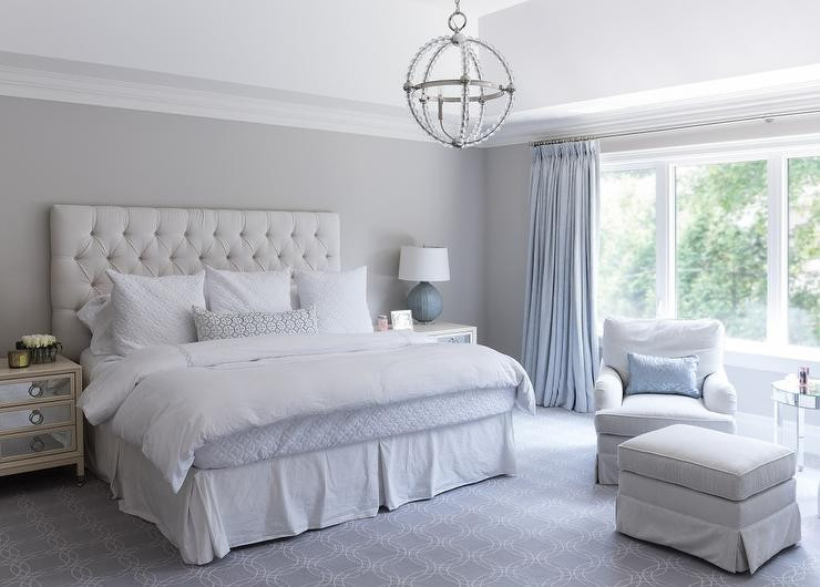 Light Grey Bedroom Walls
 Gray and Blue Master Bedroom with Blue French Pleat