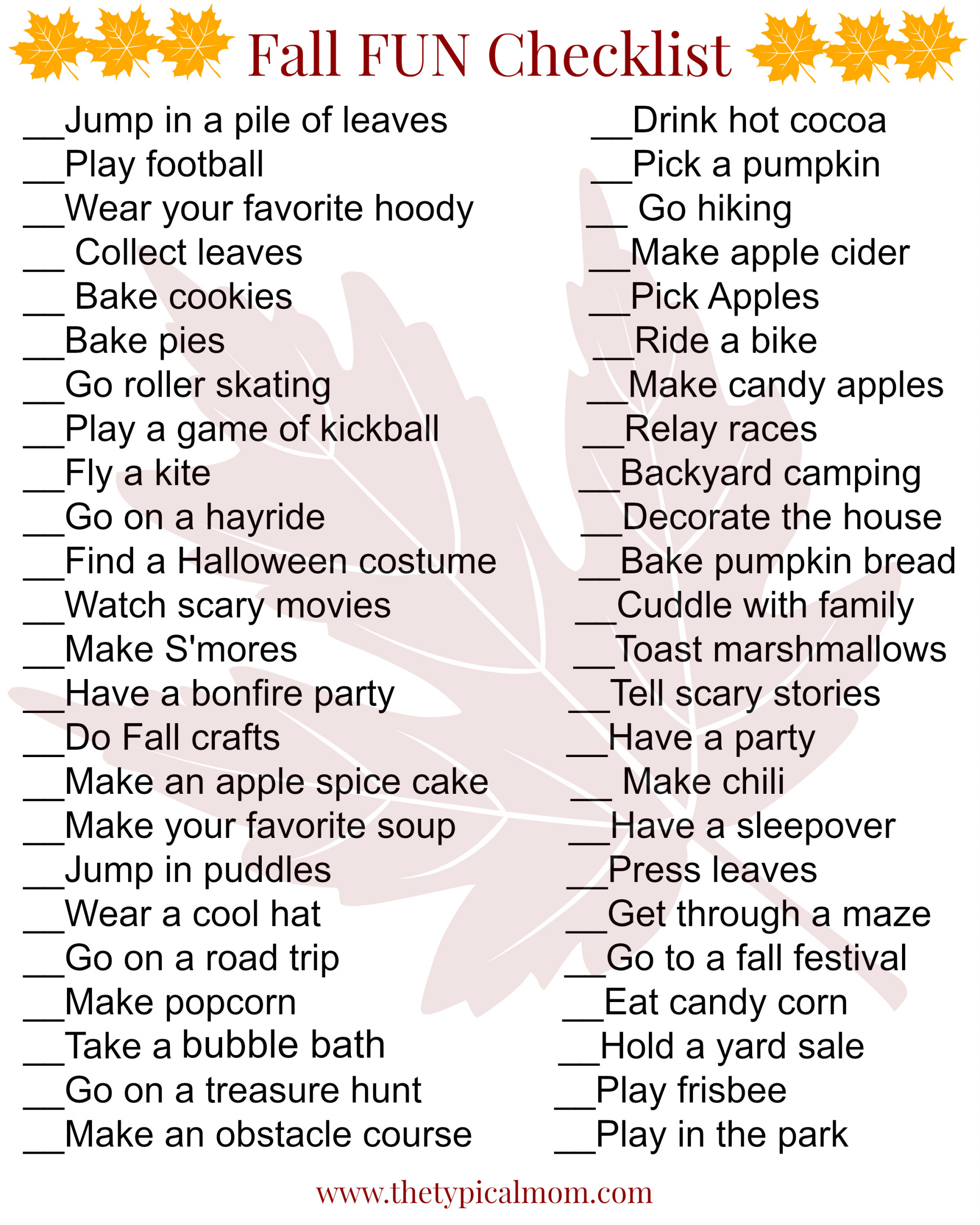 List Of Creative Activities For Adults
 50 FUN Fall activities checklist
