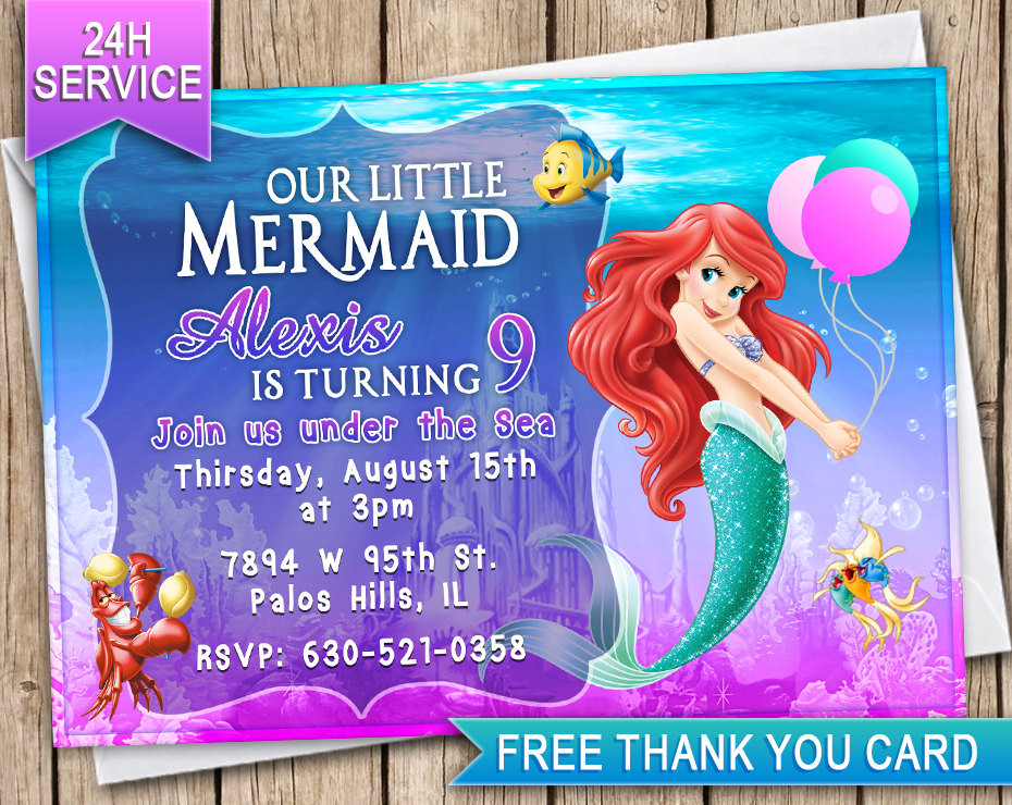 Little Mermaid Birthday Invitations
 Little mermaid Ariel Birthday invitation card invite Birthday