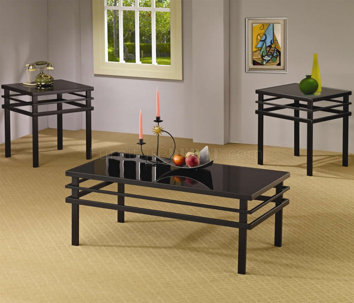 Living Room Coffee Table Sets
 Black Metal Base & Glass Top Modern 3Pc Coffee Table Set