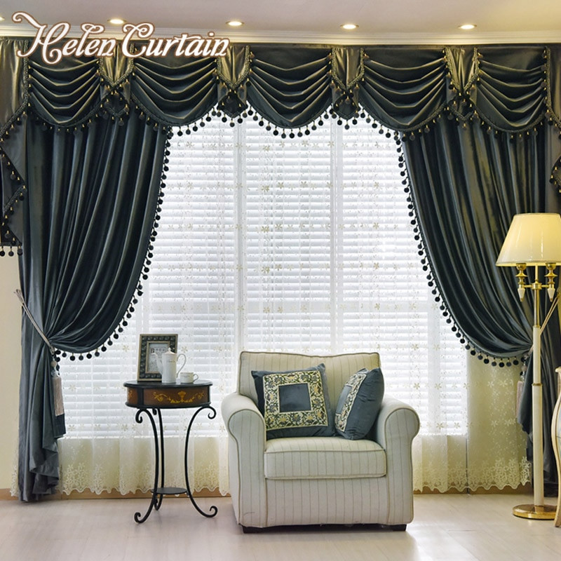 Living Room Curtains With Valance
 Helen Curtain Set Thick Velvet Blackout European Style