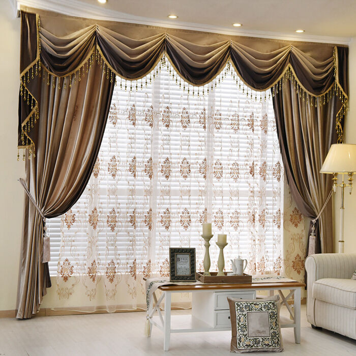 Living Room Curtains With Valance
 Brown Plain Chenille Waterfall and Swag living room