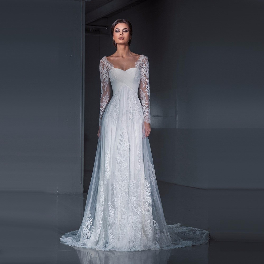 Long Sleeve Wedding Gowns
 Romantic Long Sleeves Lace Wedding Dress Sheath 2017 Fairy