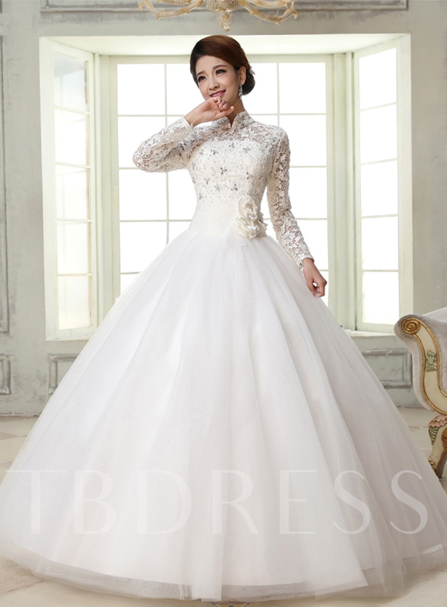 Long Sleeve Wedding Gowns
 Ball Gown High Neck Long Sleeves Lace Wedding Dress