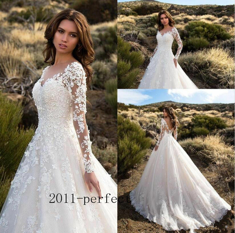 Long Sleeve Wedding Gowns
 Sheer Lace Applique Long Sleeve Wedding Dress V Neck