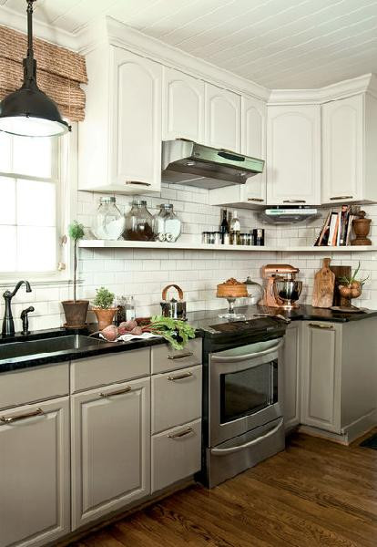 Lowering Kitchen Cabinets
 White Upper Cabinets Gray Lower Cabinets Cottage kitchen