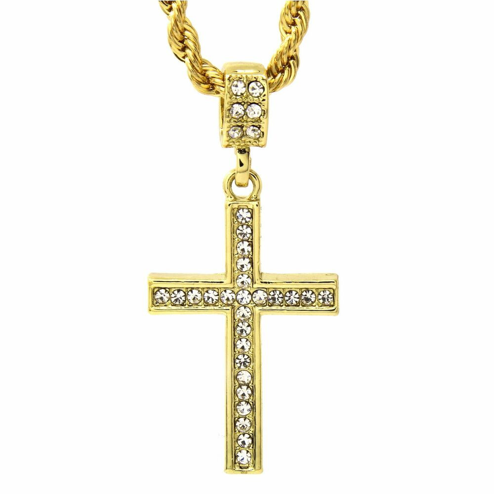 Male Cross Necklace
 Men s 14k Gold Plated Cz Lined Cross Pendant With 24
