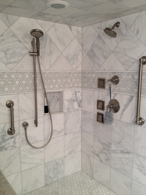 Marble Bathroom Showers
 White bathroom with marble tile Traditional Bathroom