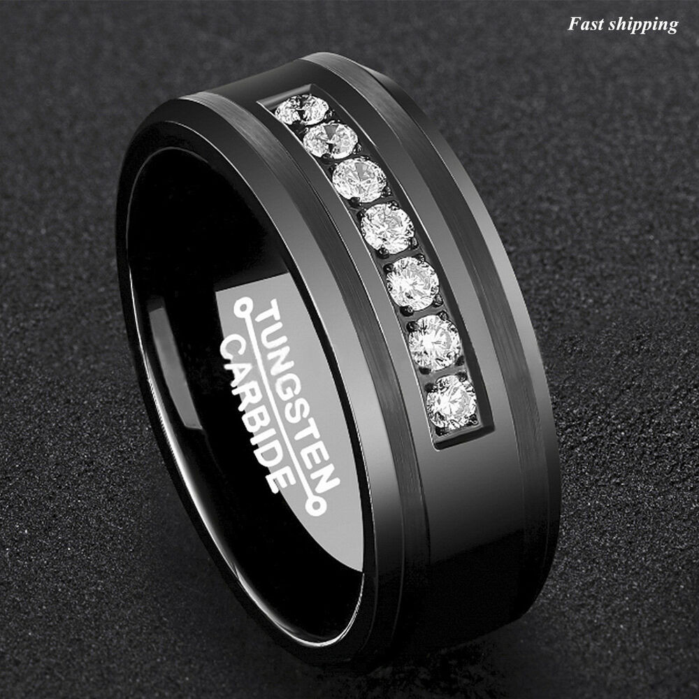 Mens Black Diamond Wedding Band
 8Mm Black Tungsten Carbide Ring Diamonds Inlay fort Fit