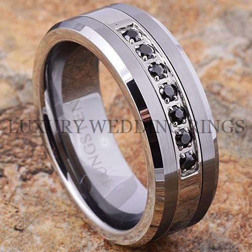 Mens Black Diamond Wedding Band
 Tungsten Ring Black Diamonds Mens Wedding Band Brushed