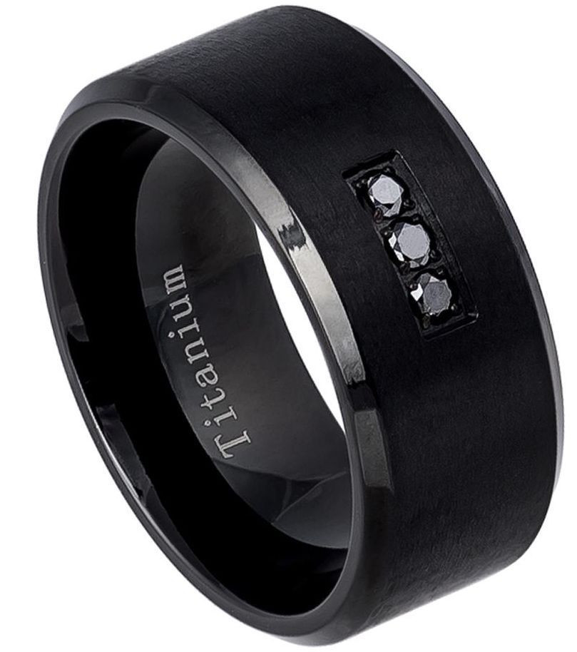 Mens Black Diamond Wedding Band
 10mm Titanium Ring Men Wedding Band Matte Black w Three 0