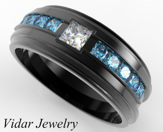 Mens Blue Diamond Wedding Band
 Mens Blue Diamond Ring Black Gold Mens Wedding Band Blue