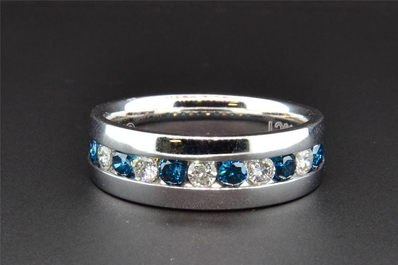 Mens Blue Diamond Wedding Band
 Blue Diamond Wedding Band 10K White Gold Round Cut Mens